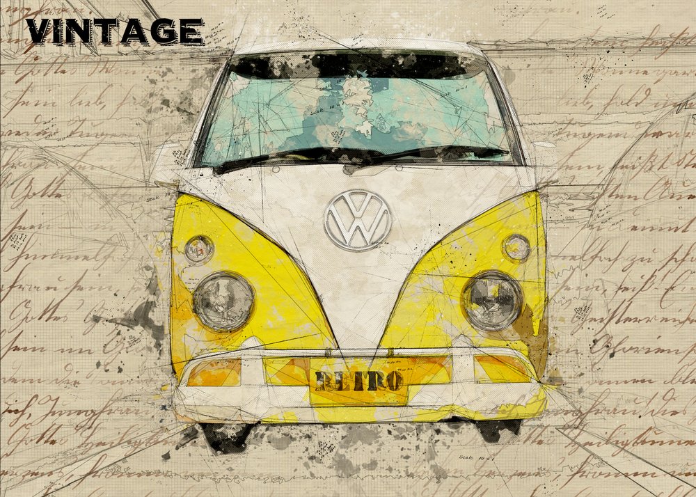 Piirros vanhasta keltaisesta pakettiautosta tekijältä Lembayung senja studio [Vintage Poster]