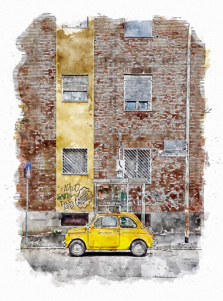 Keltainen klassinen katukäyttöinen auto tekijältä Lembayung senja studio [Vintage Poster]