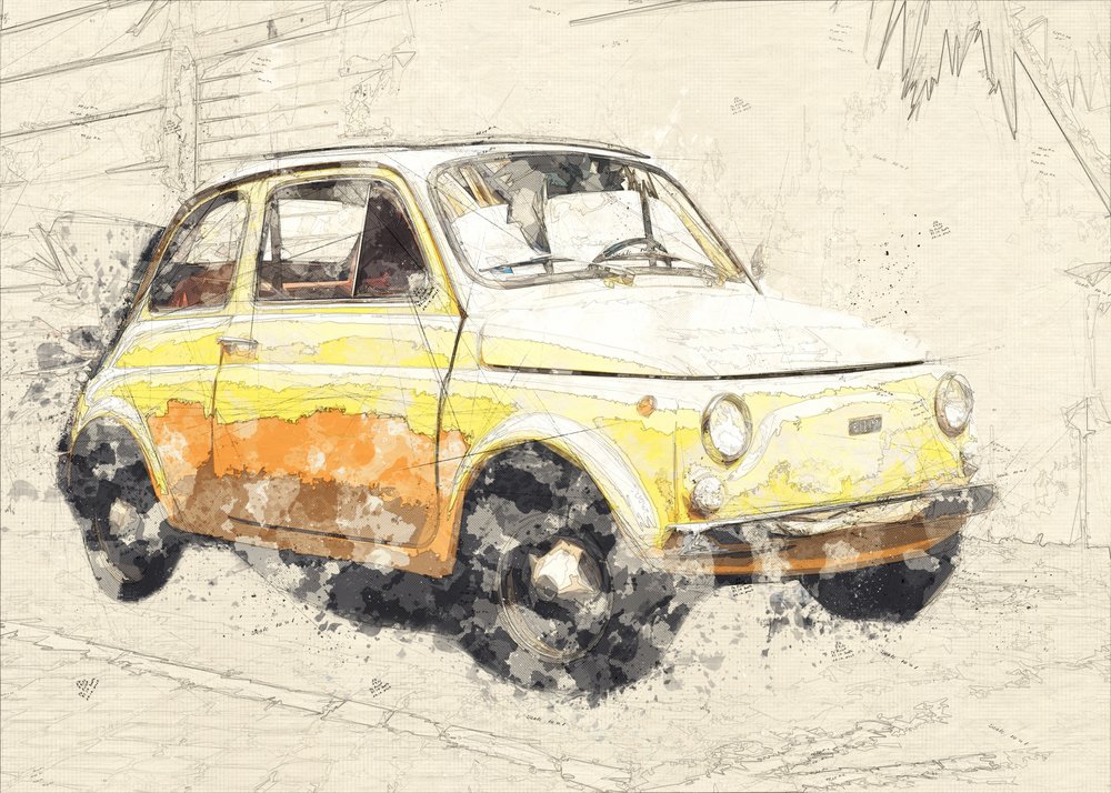 keltainen vanha auto tekijältä Lembayung senja studio [Vintage Poster]
