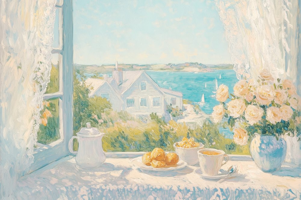 Aamunäkymä rannikolla aamiaisen aikaan tekijältä Melloi Art Prints