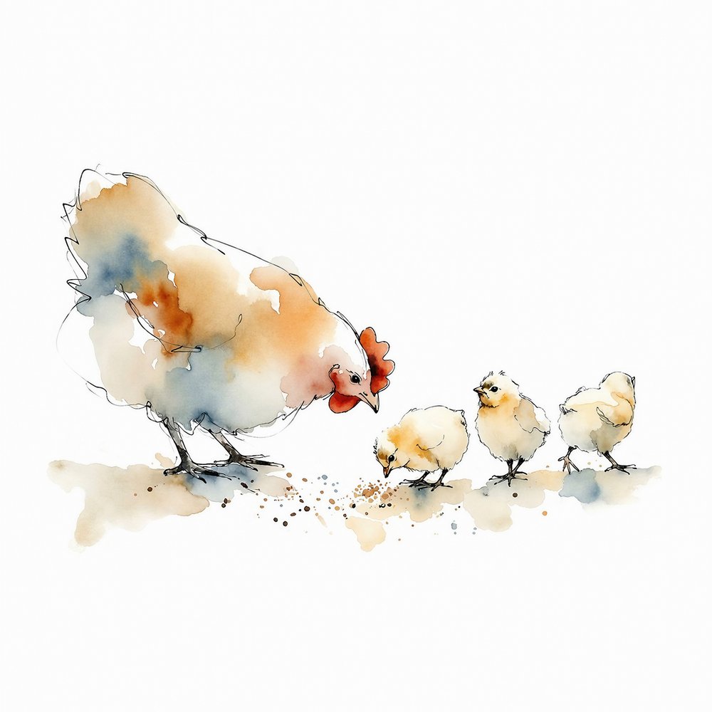 Vesivärimaalaus: Kana ja poikaset tekijältä Natalie Bruns