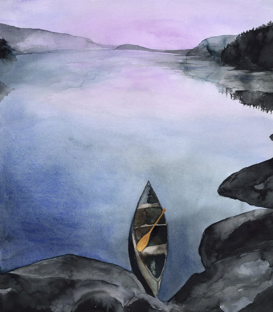 Rauhallinen vuoristojärvi kanootilla tekijältä RodMacIver