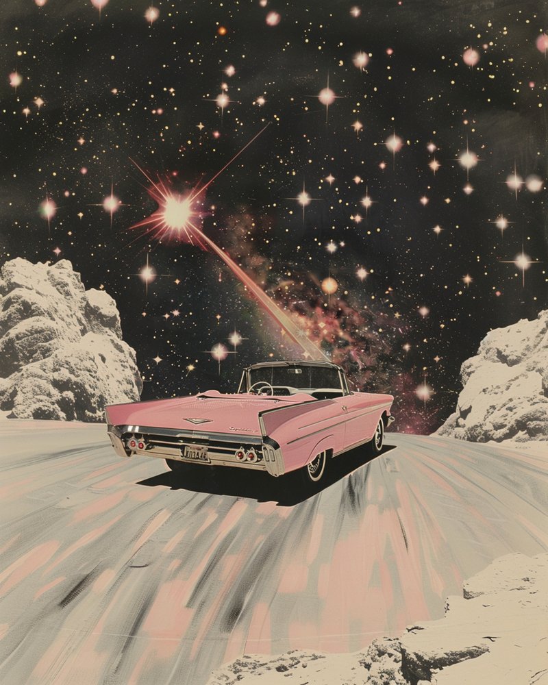 Vaaleanpunainen avoauto Cosmic Drive tekijältä Samantha Hearn