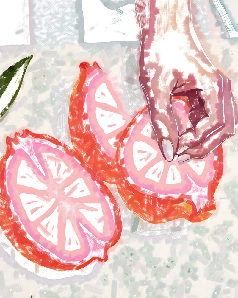 Käsi ja vaaleanpunainen sitrushedelmä tekijältä Uma Gokhale