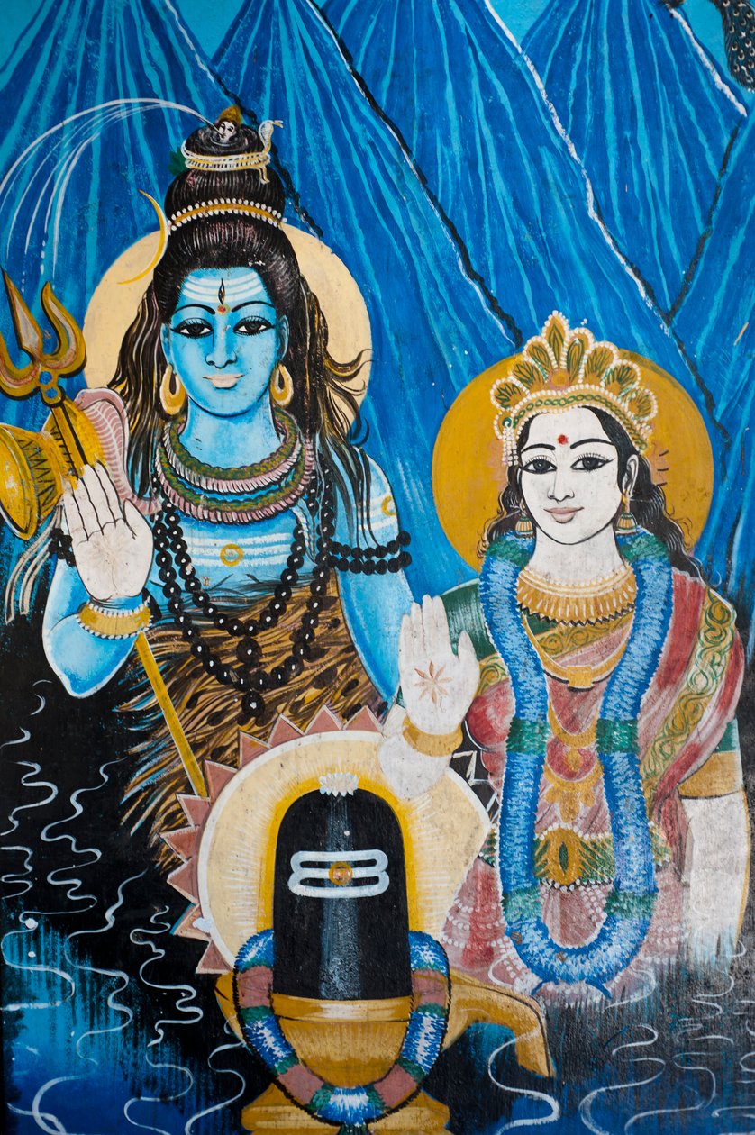 Maalaus hindujumalasta Shivasta ja hänen puolisonsa jumalatar Parvatista temppelin seinällä Sangamankandassa Sri Lankan itärannikolla. 29. toukokuuta 2010. tekijältä Unknown