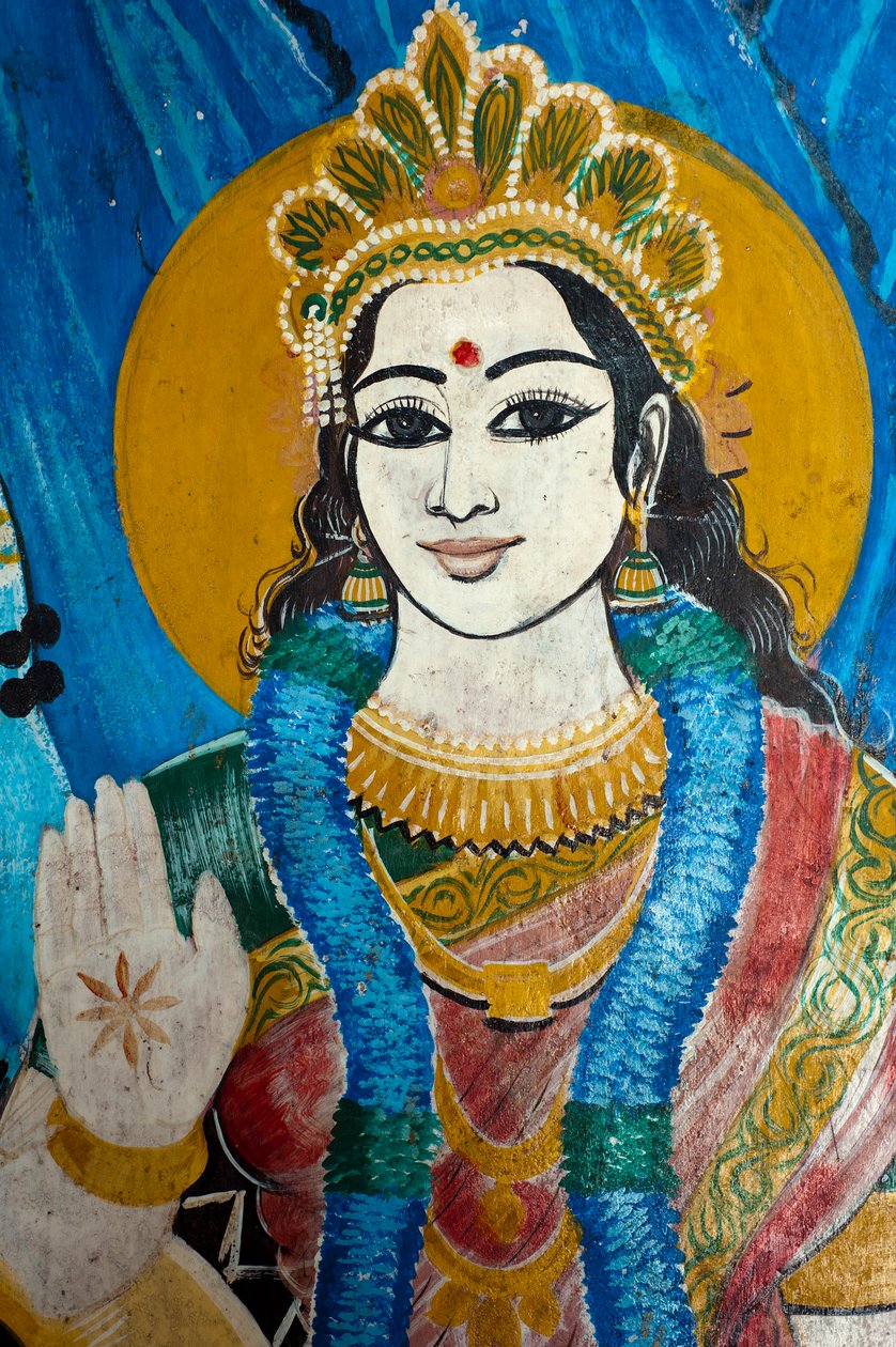 Maalaus hindujumalattar Parvatista temppelin seinällä Sangamankandassa Sri Lankan itärannikolla. 29. toukokuuta 2010. tekijältä Unknown