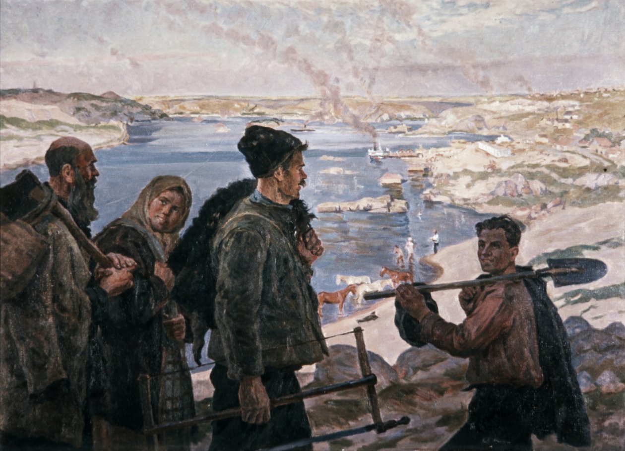 Dneprin rakentajat Hydro 1937 K, Trokhimenkon maalaus, sosialistinen realismi. tekijältä Unknown