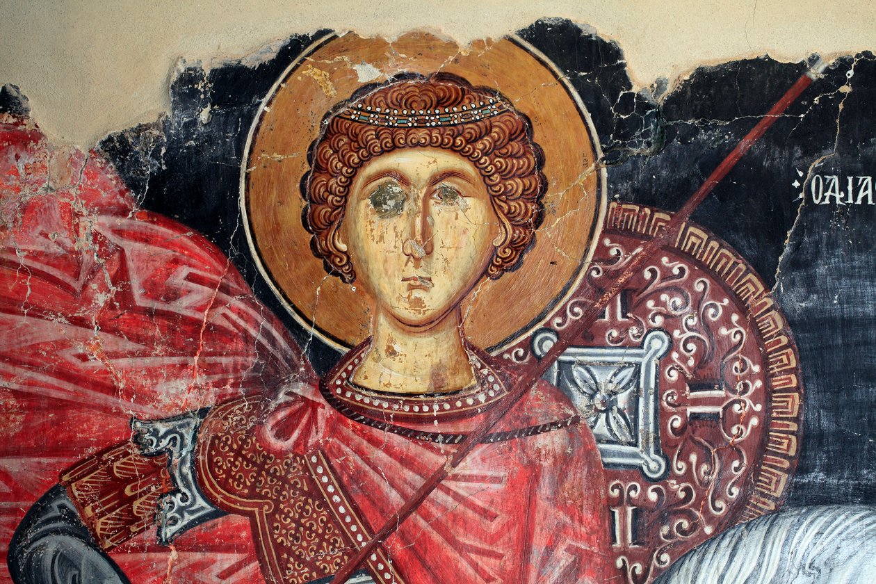 Bysanttilainen fresko 1400-luvulta (yksityiskohta) Pyhän Yrjön seinämaalaus Arkkienkeli Mikaelin kirkko Pedoulasissa Kypros Maalatut kirkot Unescon sivusto Troodos, Kypros tekijältä Unknown