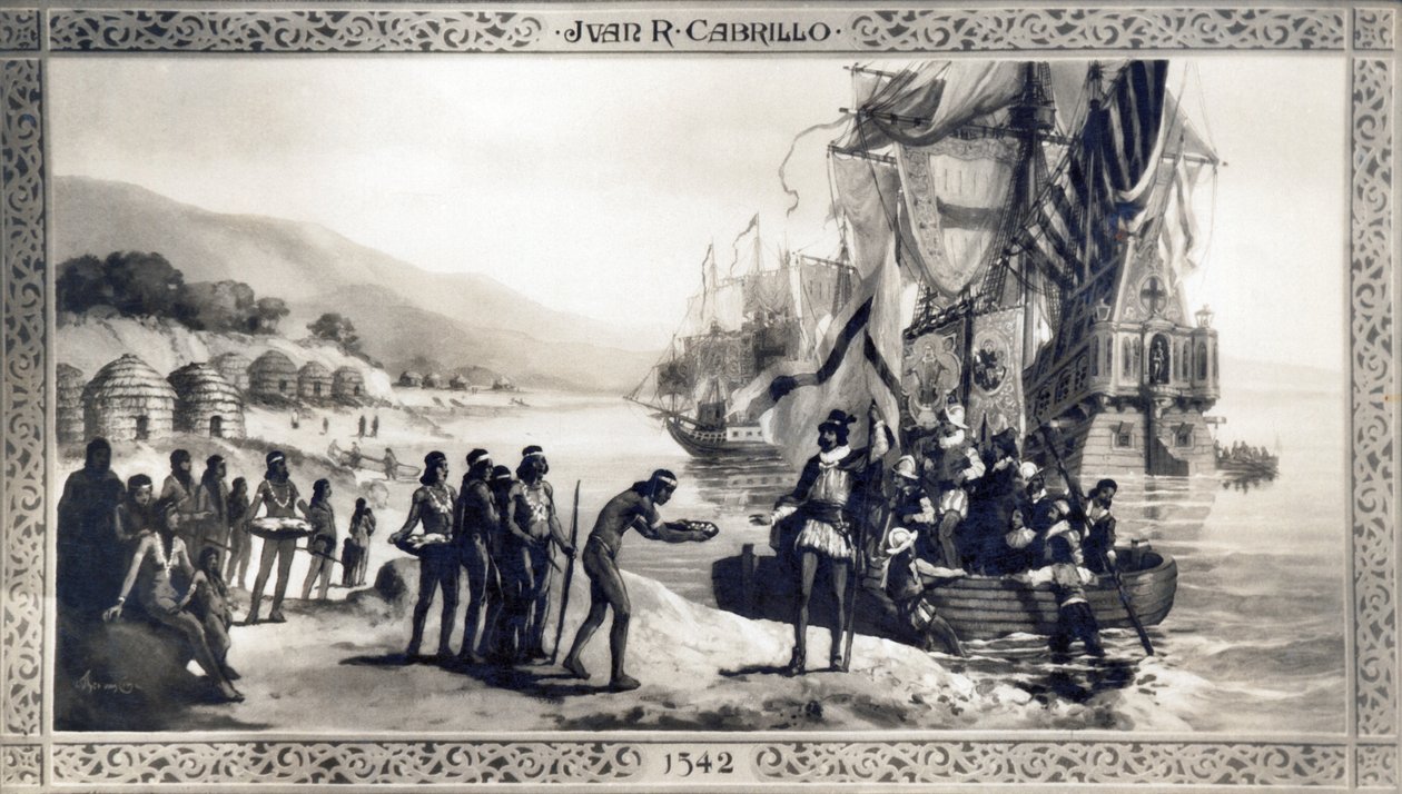 Kalifornia: 1542 Maalaus, joka kuvaa Juan Rodriguez Cabrilloa tapaamassa alkuperäisasukkaita Kalifornian rannikolla tutkimusmatkansa aikana. tekijältä Unknown