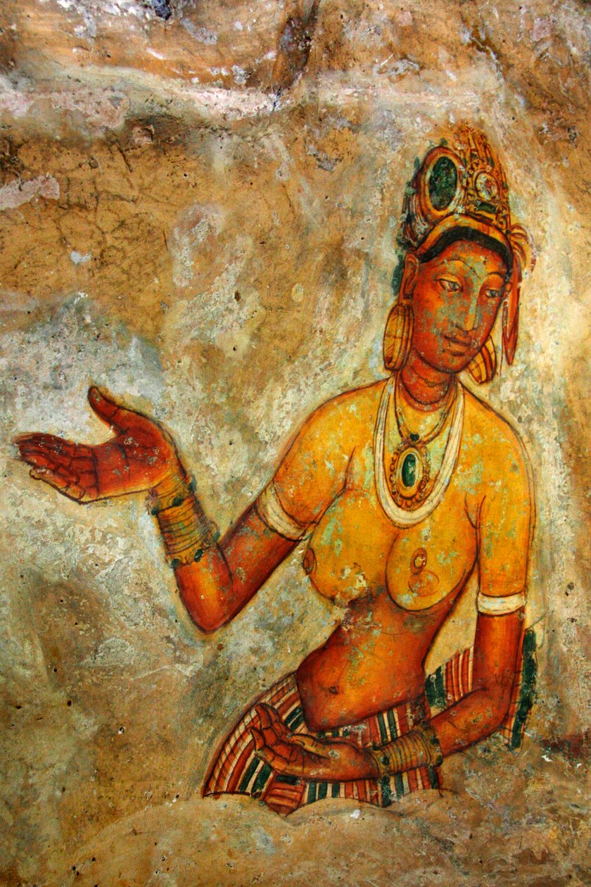 Fresko Sigiriya Rockin seinällä Matalen alueella Sri Lankassa. Tämä 370 metriä korkea muinaisen tulivuoren laavakukkula on kuuluisa linnoitettu palatsikompleksista, joka rakennettiin kuningas Ka:n hallituskaudella. tekijältä Unknown