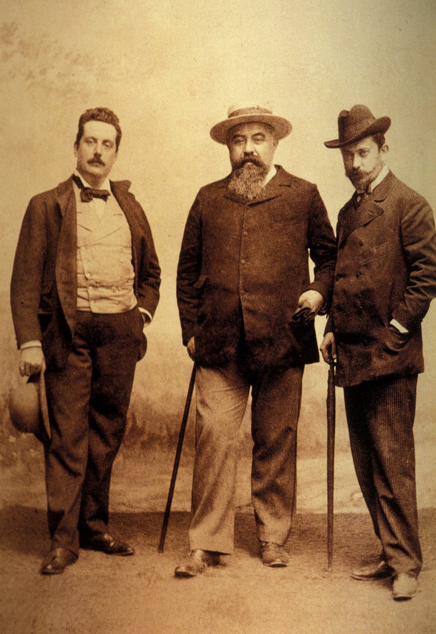Giacomo Puccini (1858-1924) libretistiensä Giuseppe Giacosan ja Luigi Ilican kanssa. tekijältä Unknown