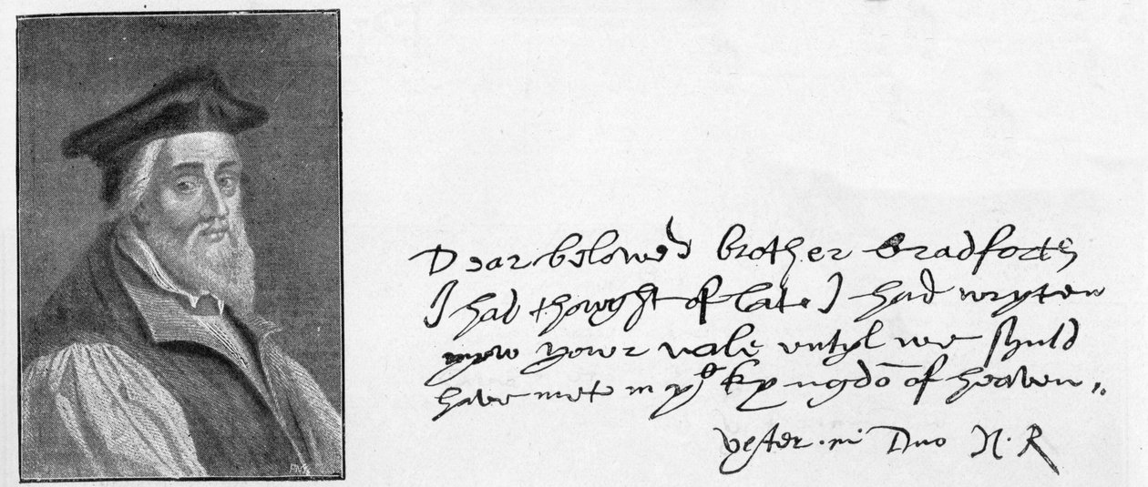 Piispa Ridleyn käsiala ja allekirjoitus kirjeestä, joka kirjoitettiin lohduttamaan John Bradfordia vähän ennen hänen kuolemaansa, 1555 tekijältä Unknown