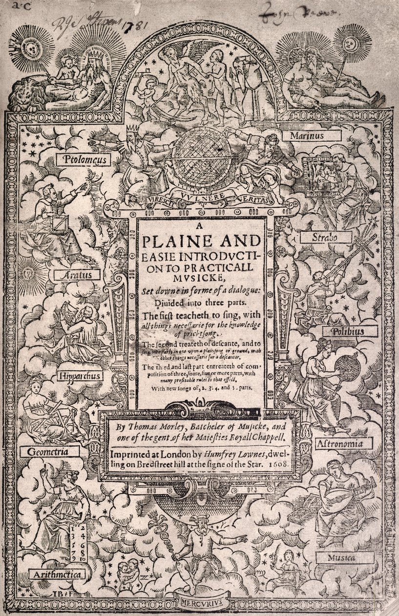 Morley, käytännöllinen musiikki, 1608, otsikkosivu tekijältä Unknown