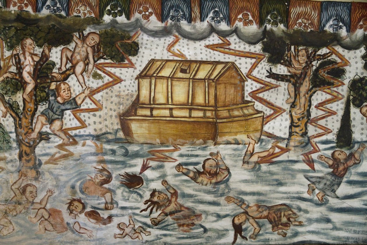 Nooan arkki ja vedenpaisumus kuvitettu 1600-luvulta peräisin olevilla barokkimestisoisilla freskoilla Santiago De Curahuara De Carangasin kastekappelissa, Sikstuksen andien kappelissa, Curahuara De tekijältä Unknown