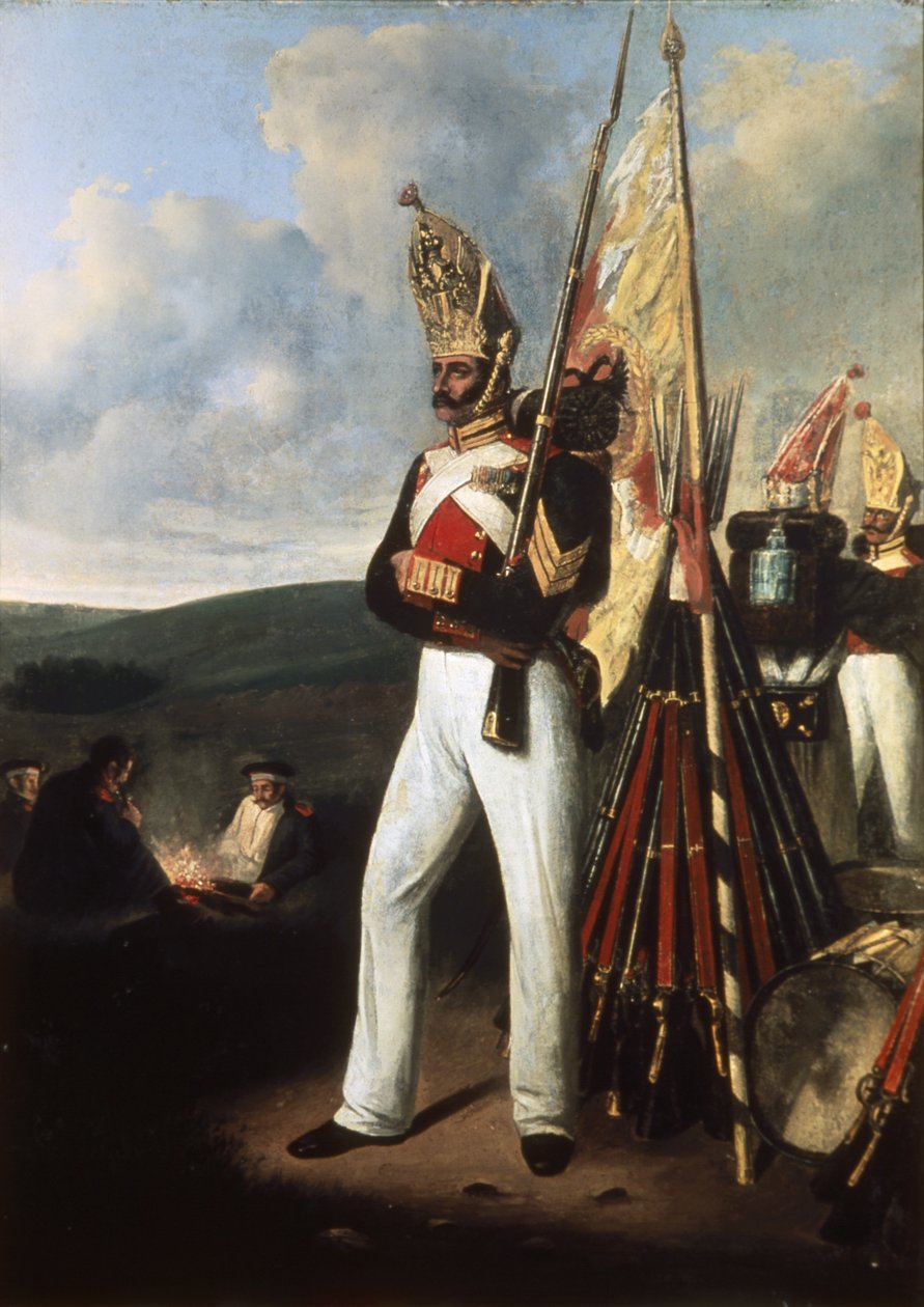 Maalaus venäläisen Pavlovsky-rykmentin jalkaväesotilasta Borodinon taistelun aikana Napoleonin kanssa käydyn sodan aikana vuonna 1812. tekijältä Unknown