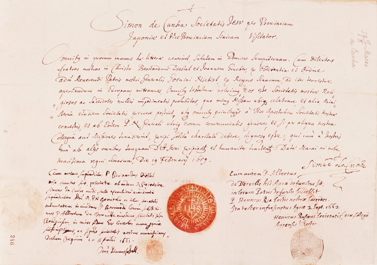 Johann Grueberille ja Bernhard Diestelille myönnetty passi maareitin löytämiseksi Euroopasta Pekingiin, 1616 tekijältä Unknown