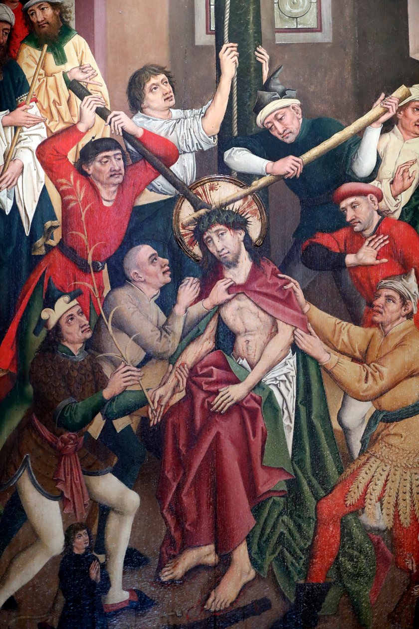 Saint-Pierre le Vieux katolinen kirkko, Kristus kärsimyksessään, Jeesus ruoskitaan ja kruunataan orjantappuroilla, Henri Lutzelmanin maalaus 1400-luvulta, Strasbourg, Ranska. tekijältä Unknown