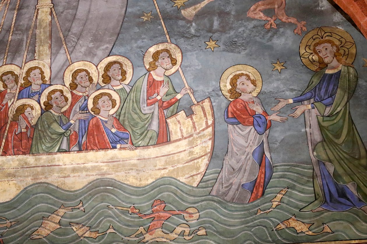 Saint-Pierre-le-Jeune protestanttinen kirkko, Tiberias-järvi, Kristus kävelee veden päällä ja Pyhä Pietari, Fresco, Strasbourg, Ranska. tekijältä Unknown