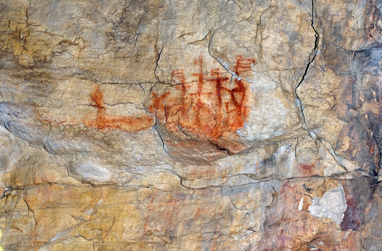 San (bushmen) maalaus, jonka uskotaan olevan 1600-luvun laiva, Vredenburg, länsirannikko tekijältä Unknown