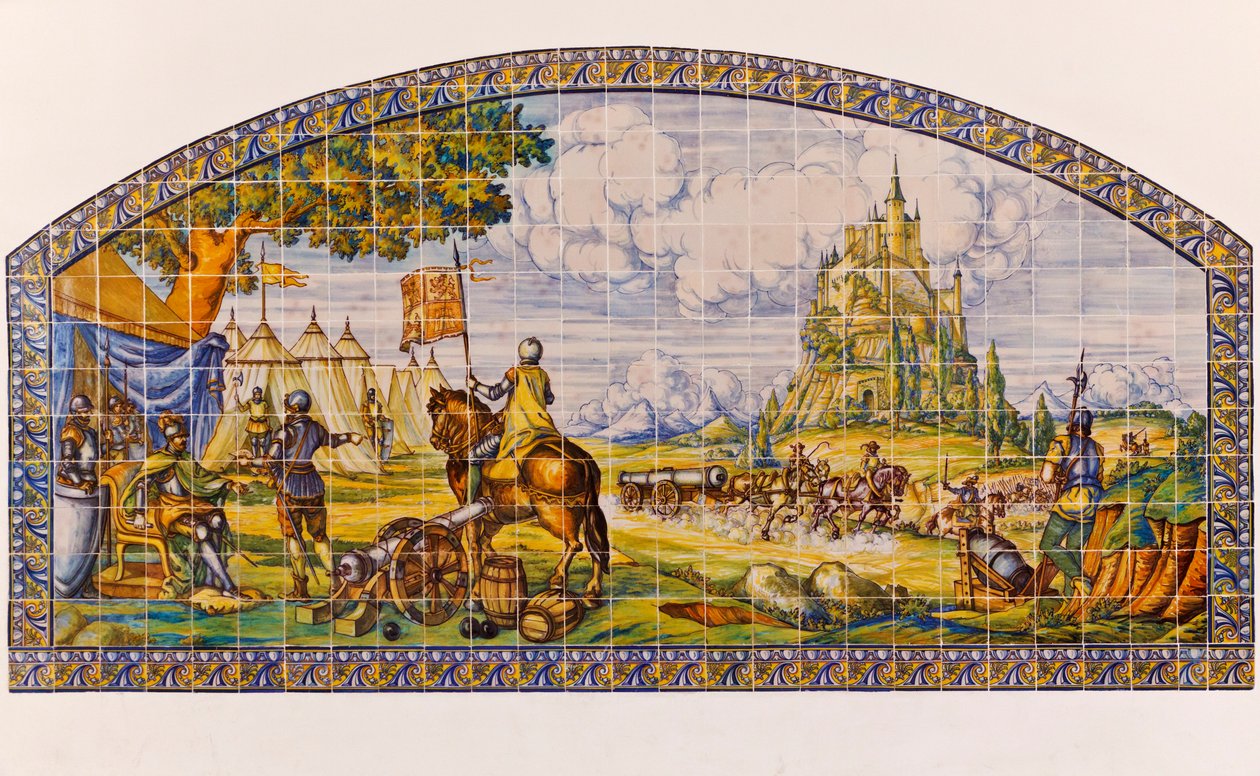 Segovia, Segovian maakunta, Espanja. Moderni keraaminen laattamaalaus Segoviasta Comuneroksen kapinan aikaan 1520-1521. tekijältä Unknown