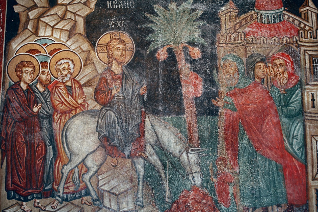Bysanttilainen fresko 1400-luvulta Pääsy Jerusalemiin Seinämaalaus Arkkienkeli Mikaelin kirkko Pedoulasissa Kypros Maalatut kirkot Unescon sivusto Troodos, Kypros tekijältä Unknown