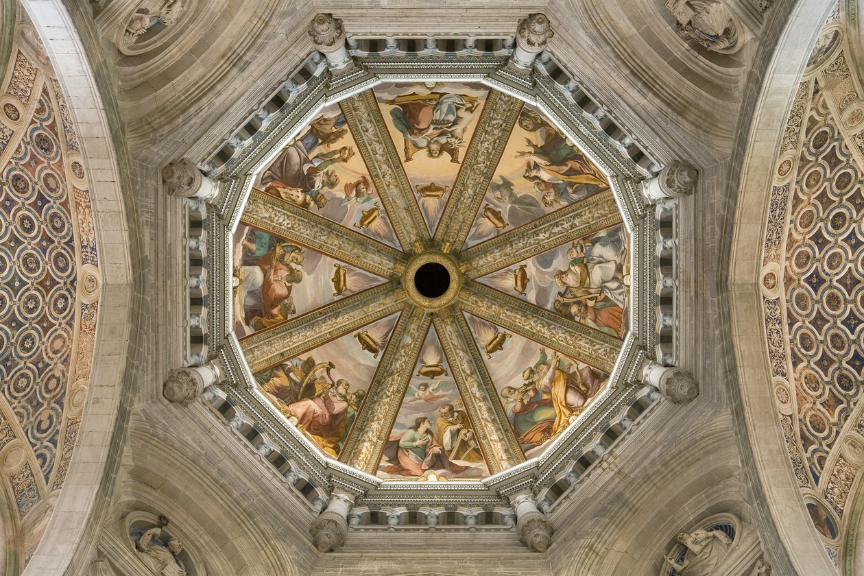Näkymä keskuslaivan holviin freskolla, Certosa di Pavia, Lombardia, Italia tekijältä Unknown