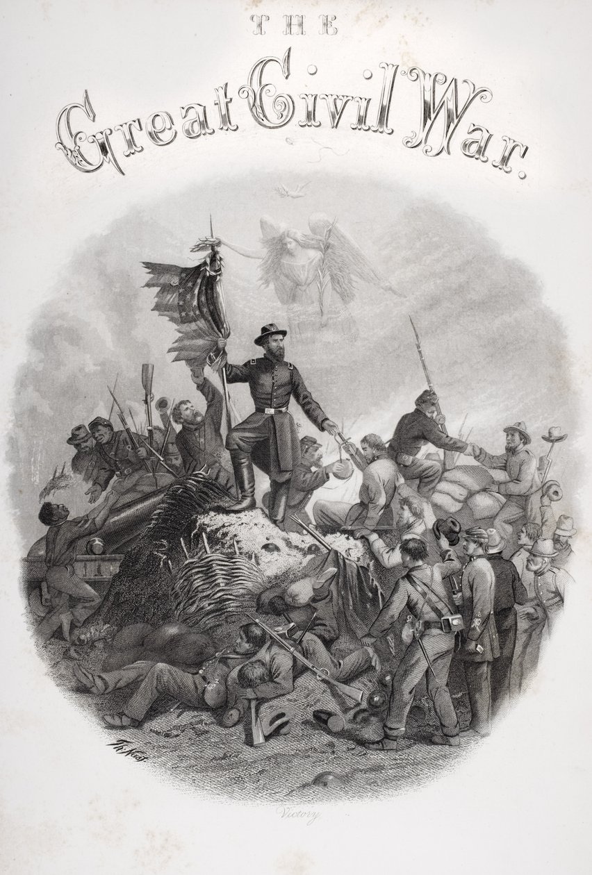 Voiton allegorinen kaiverrus R.Thomasin ja B.G.Smithin kirjan "The Great Civil War: A History of the Late Rebellion" 3. osan nimisivulta, julkaisija R.Worthington, 1860-luku tekijältä American School