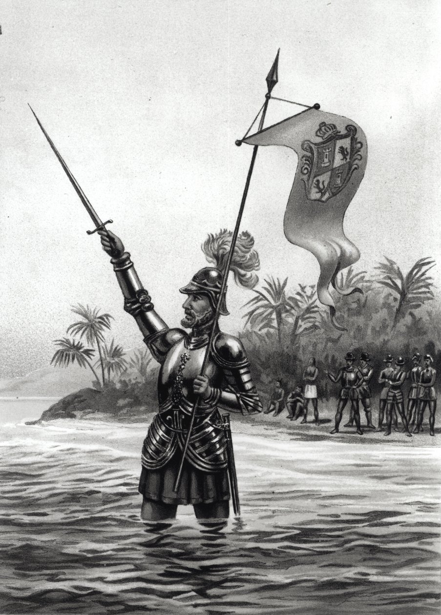 Balboa Claiming Dominion yli Etelämeren, 25. syyskuuta 1513, kirjasta "Amerikan manner ja sen asukkaat ennen Kolumbuksen löytämistä", kirjoittanut Anne C. Cady (litho) 1893 (bundw photo) tekijältä American School