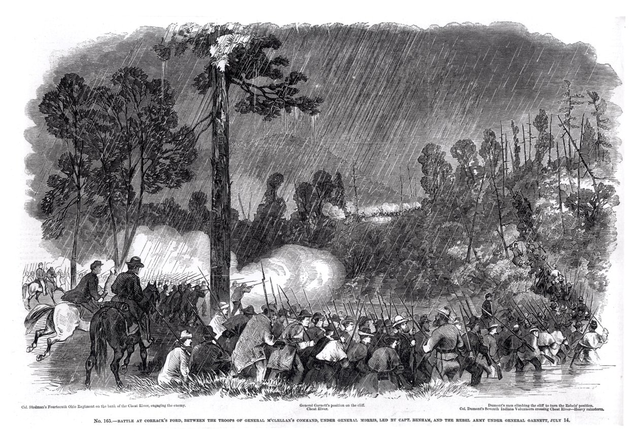 Taistelu Corrackin Fordissa, kenraali McClellanin komennon joukkojen, kenraali Morrisin, kapteeni Benhamin johtaman, ja kapinallisarmeijan johtaman kenraali Garnettin välillä, 14. heinäkuuta 1861, Frank Leslie