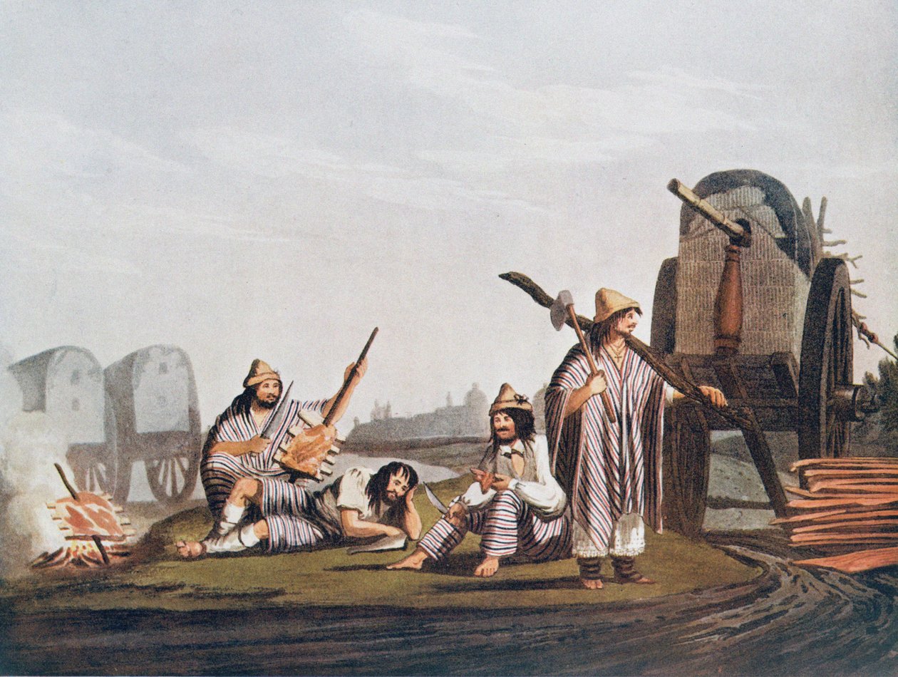 Gauchos of Tucuman, kopioitu Vidalin "Picturesque Illustrations of Buenos Aires and Montevideo" -pubista. vuonna 1820 teoksesta The Romance of the River Plate, osa. II, W. H. Koebel, 1914 tekijältä American School