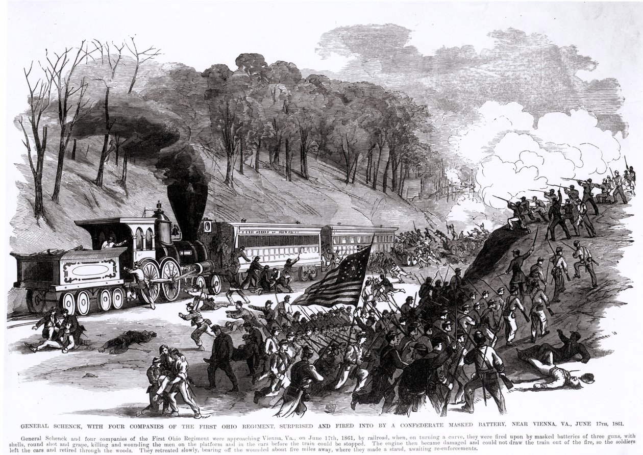 Kenraali Schenck neljän ensimmäisen Ohion rykmentin komppanian kanssa, konfederaation naamioituneen patterin yllättynyt ja ammuttu, lähellä Wieniä, VA., 17. kesäkuuta 1861, "Frank Leslie