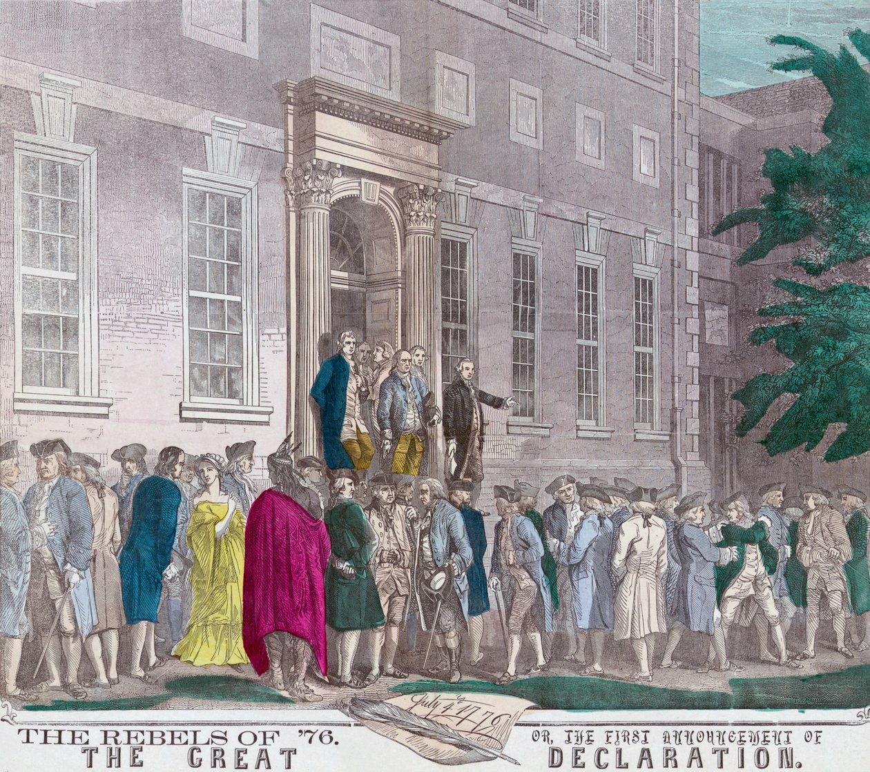 4. heinäkuuta 1776 toisen mannerkongressin jäsenet poistuvat Philadelphian Independence Hallista hyväksytyään Iso-Britannian itsenäisyysjulistuksen 1800-luvun painoksesta (colou tekijältä American School