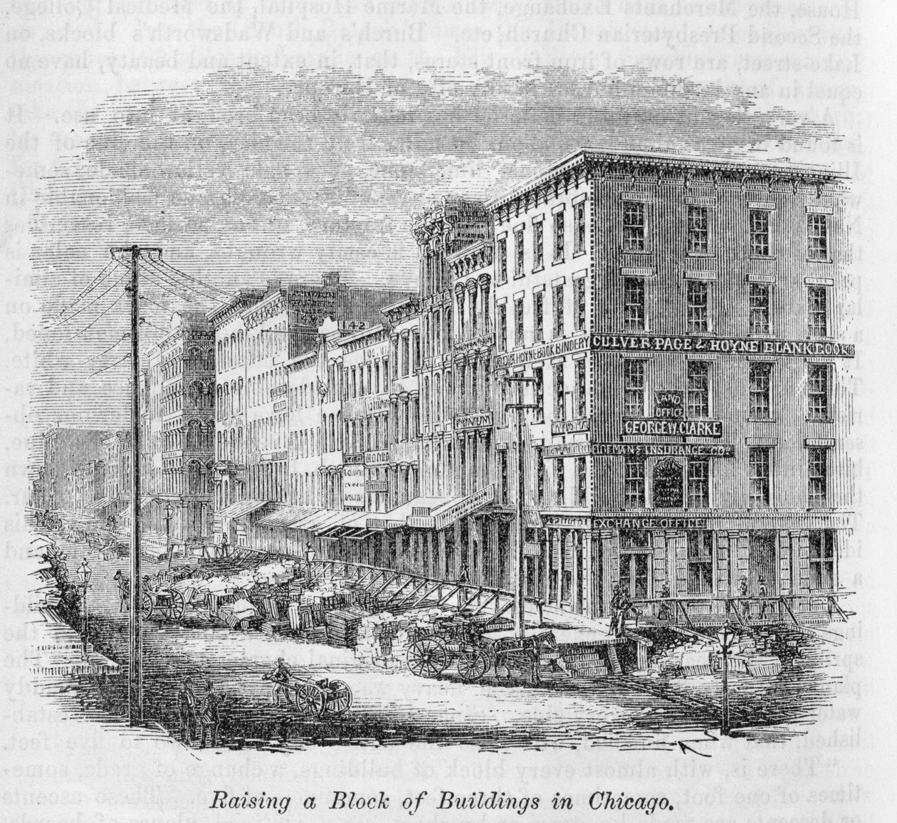 Rakennuskorttelin nostaminen Chicagossa, John Warner Barberin ja Henry Haren teoksesta "Koko maamme: Yhdysvaltojen menneisyys ja nykyisyys, historiallinen ja kuvaileva", 1861 tekijältä American School