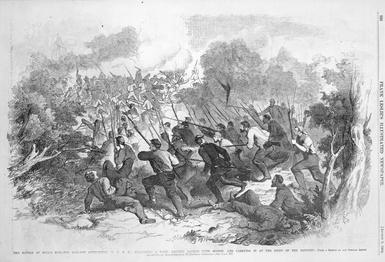 Battle at Bull Run: The Gallant Sixty Ninth N.Y.S.M. Hyökkäys pensailla peitettyyn kapinallisten patterin kimppuun ja kantaminen bajonetin kärjessä, julkaisusta "Frank Leslie