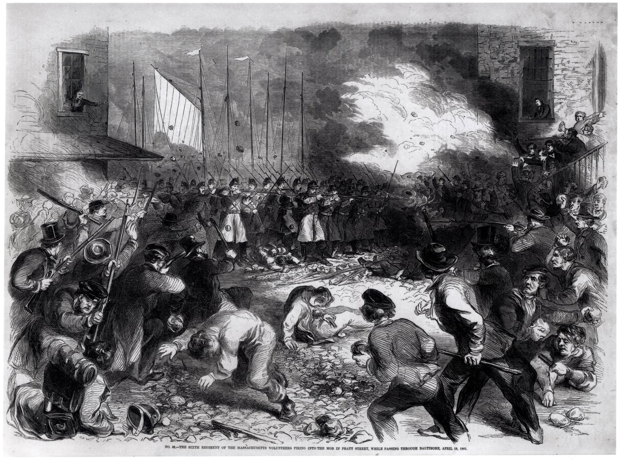 Kuudes Massachusettsin vapaaehtoisen rykmentti ampui väkijoukkoja Pratt Streetillä kulkiessaan Baltimoren läpi matkalla Washingtoniin 19. huhtikuuta 1861, 