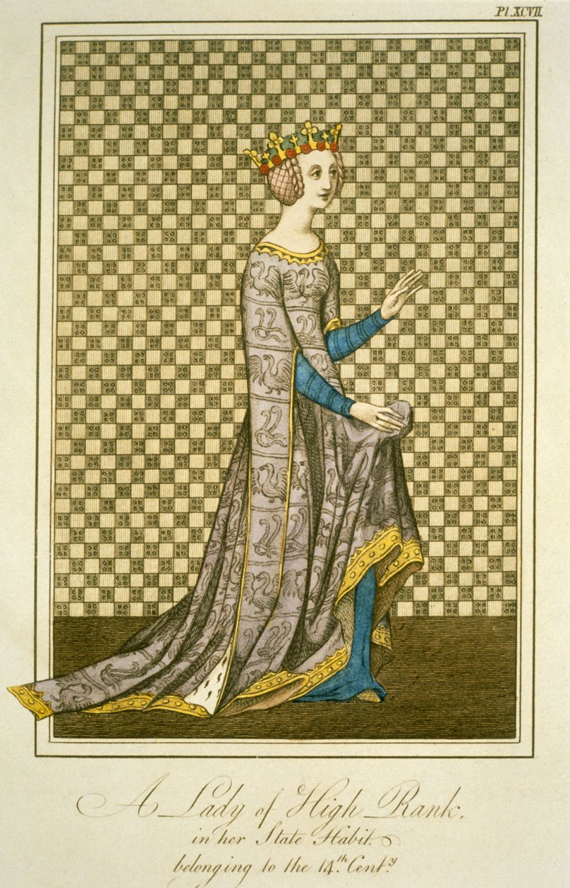 1300-luvun lady valtiovaatteissaan, teoksesta The Complete View of the Dress and Habits of England, Volume 2, kirjoittanut Joseph Strutt, 1799 (värikaiverrus) tekijältä English School