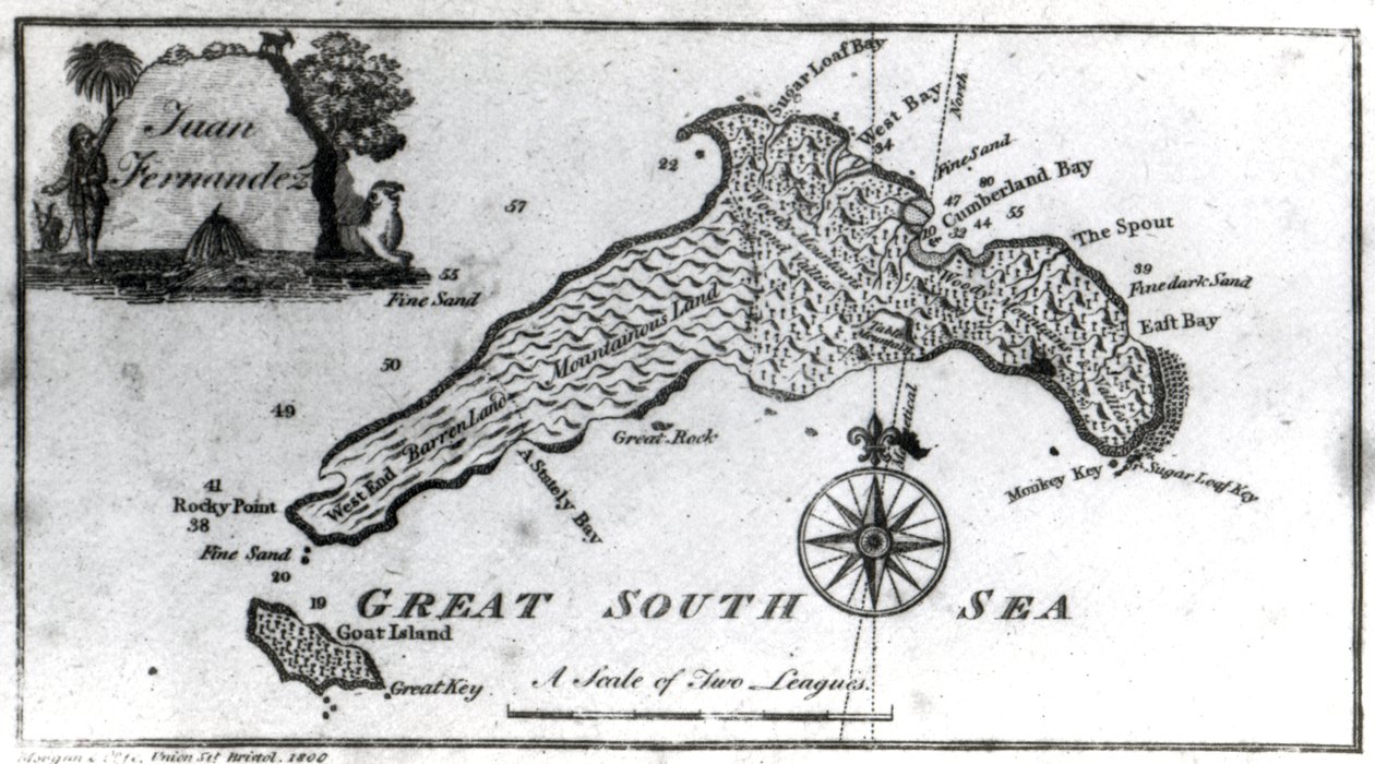 Juan Fernandezin saaren kartta, painettu Isaac Jamesin kirjassa "Providence Displayed: or The Remarkable Adventures of Largo, Scotland", julkaistu 1800 tekijältä English School