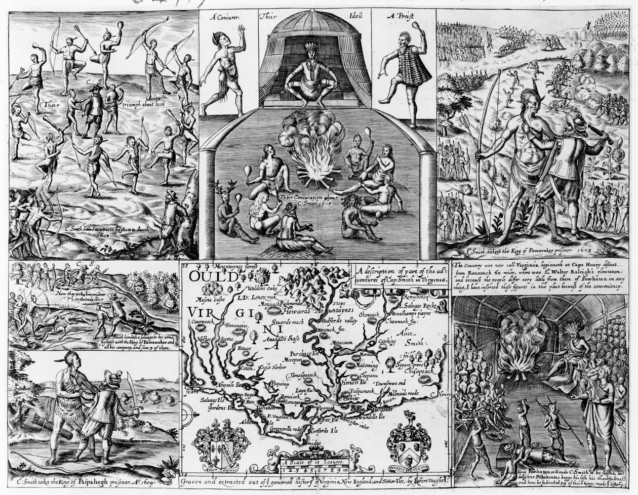 "Kuvaus osasta Capin seikkailuja. Smith Virginiassa", kuvitus Smithin julkaisusta "General History of Virginia, New England and the Summer Isles", kaiverrettu Robert Vaughan (fl.1622-7) tekijältä English School