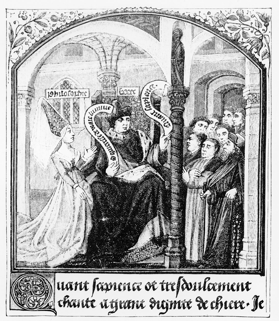 Boethius (480-524) neuvoo Dame Philosophy -kirjasta, pienoiskuva teoksesta "De Consolatione da Philosophiae", jonka on kääntänyt Jean de Meung, kuvitus teoksesta "Keskiajan tiede ja kirjallisuus". tekijältä English School