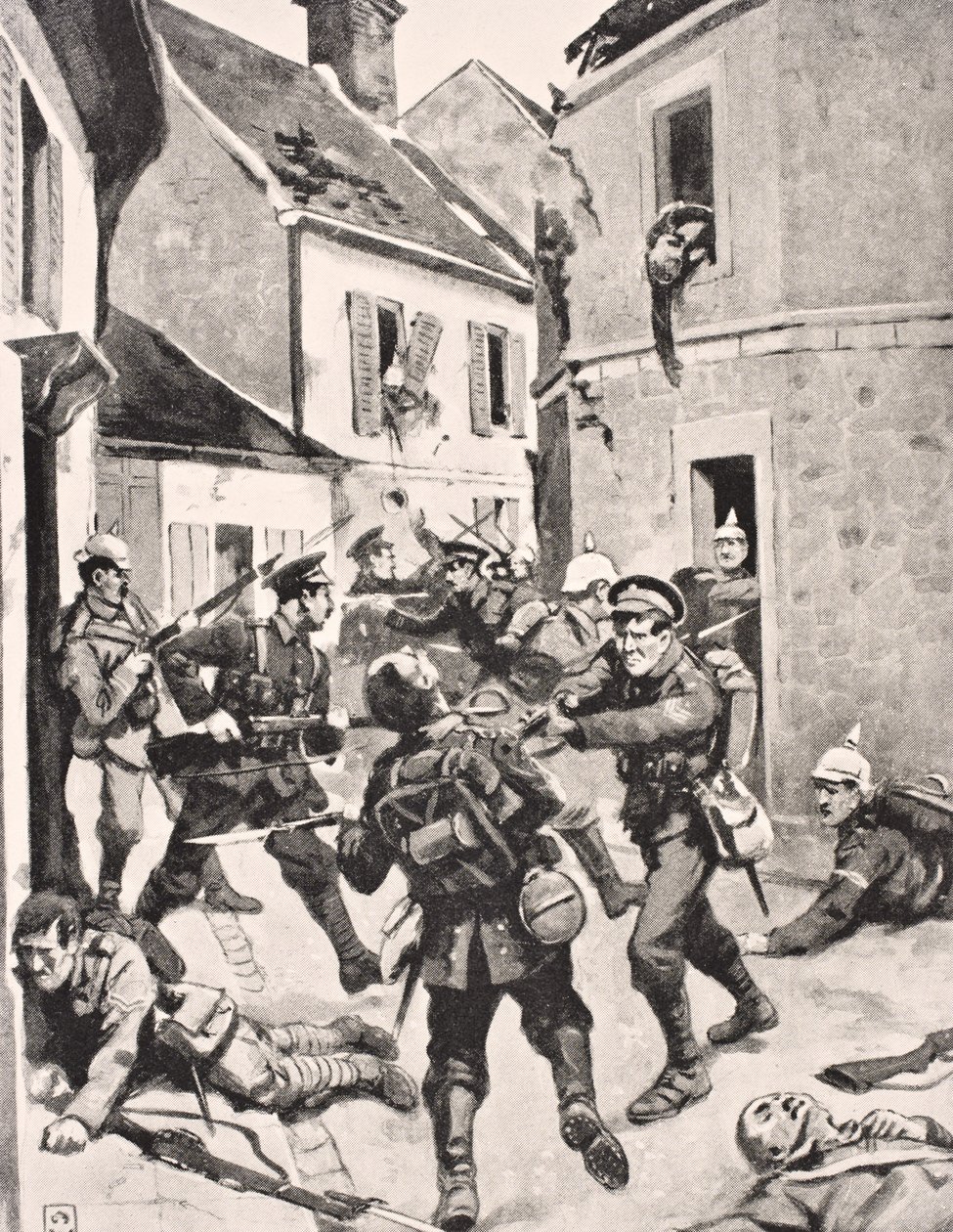 Brittiläiset ja saksalaiset sotilaat käsikädessä taistellessa Loosissa Ranskassa 25. syyskuuta 1915 Lontoossa 1916 julkaistusta The War Illustrated Album deLuxesta (litho) tekijältä English School