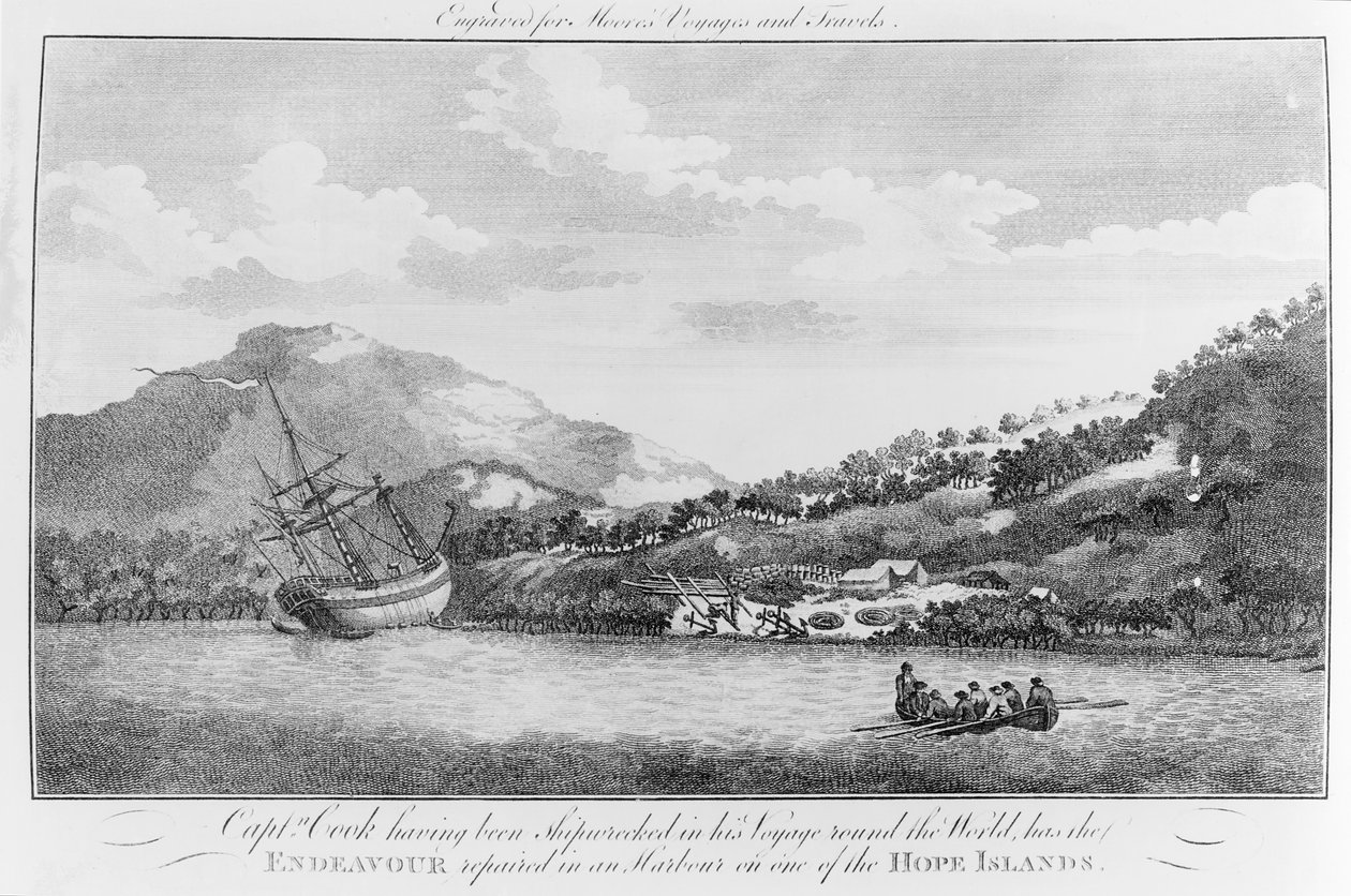 Kapteeni Cook on haaksirikkoutunut matkallaan ympäri maailmaa, ja se on korjannut Endeavourin satamassa yhdellä Hope Islandista, joka on kaiverrettu Mooren teokseen "Voyages and Travels", 1700-luvulla (engraavi tekijältä English School