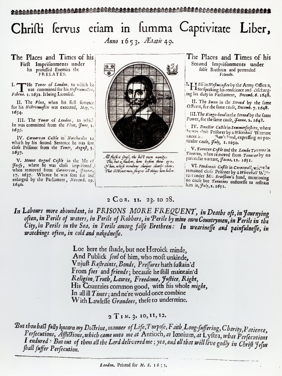 Christi Servus Etiam Summa Captivitate Liberissä: sivu laajasta taulukosta, joka sisältää luettelon John Lilburnen (n. 1614-57) vangitsemispaikoista ja -ajoista, julkaistu 1653 tekijältä English School