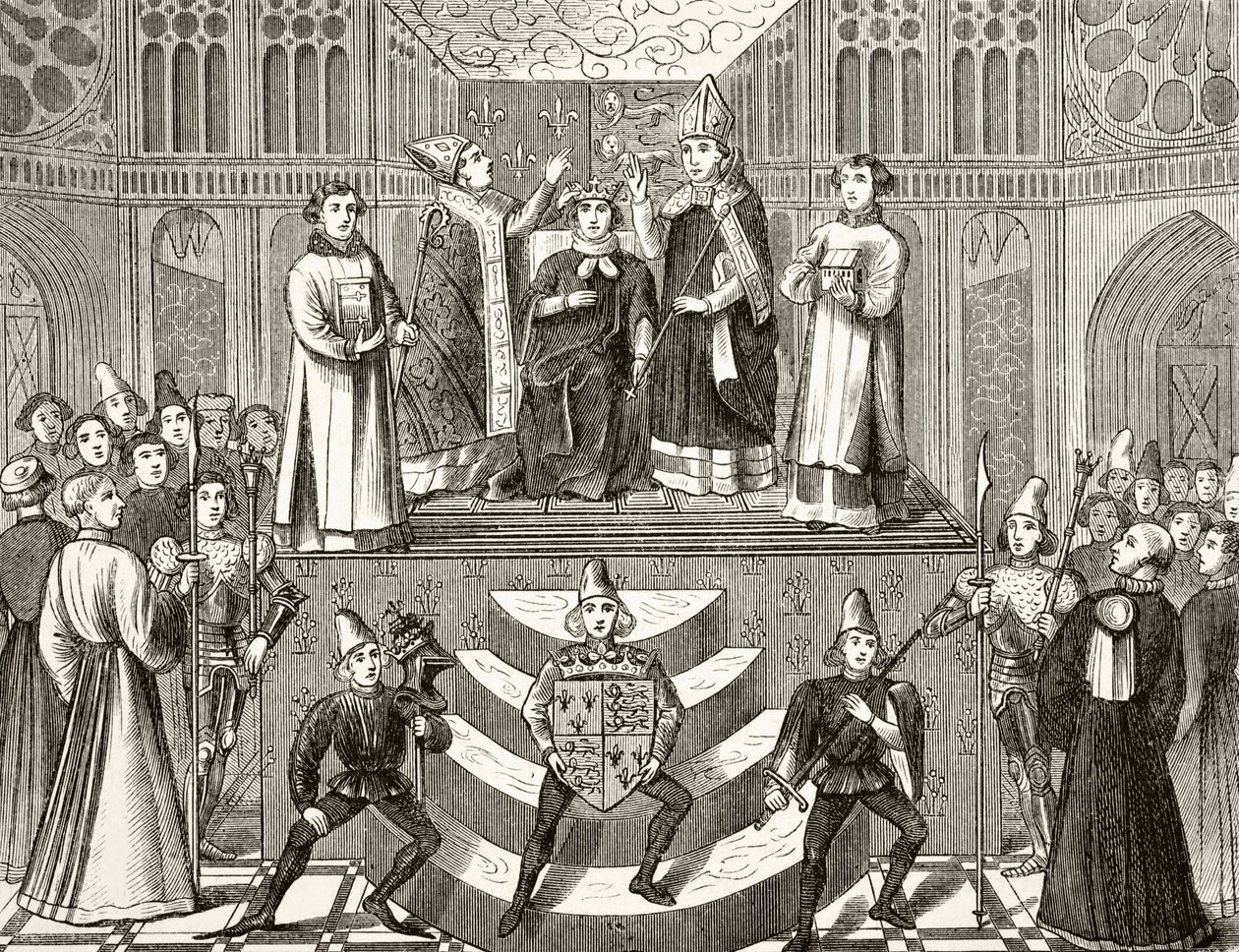 Englannin kuninkaan Henrik IV:n kruunaus, 13. lokakuuta 1399, William Hickman Smith Aubreyn (1858-1916) julkaisusta The National and Domestic History of England, julkaistu Lontoossa, noin 1890 tekijältä English School