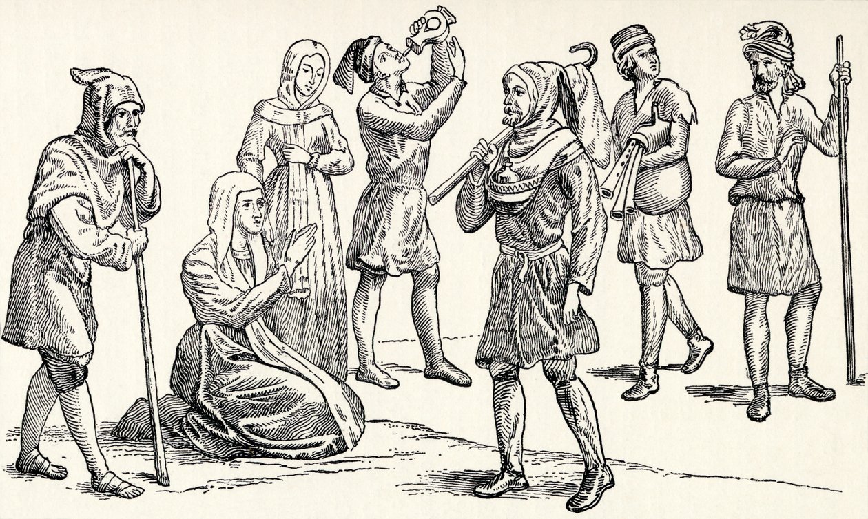 Espanjalaisten tavallisten ihmisten puvut 1300-luvulla, Espanja, lähteestä "Espanja: A Summary of Spanish History from the Moorish Conquest to the Fall of Granada, 711-1492", kirjoittanut Henry Edward Watts, julkaisija: Henry Edward Watts. tekijältä English School