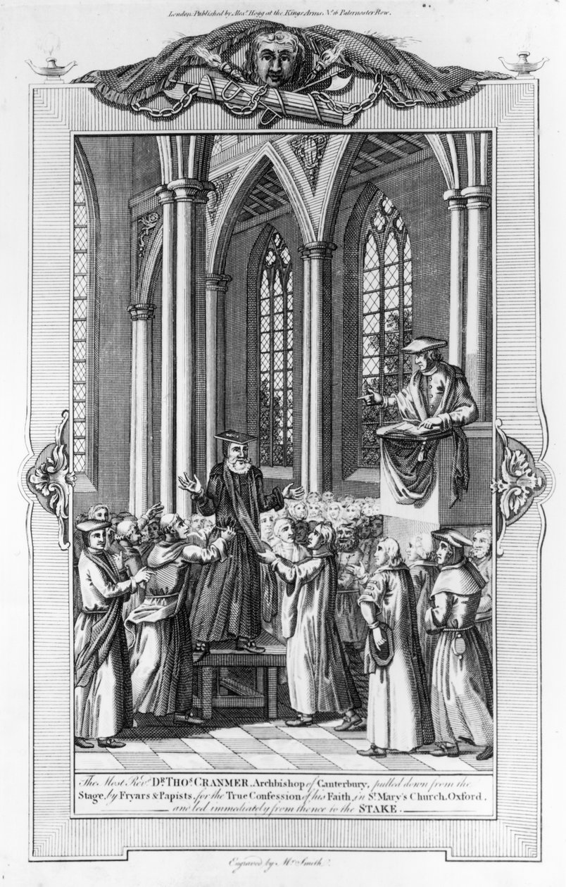 Tohtori Thomas Cranmer (1489-1556) Canterburyn arkkipiispa, jonka veljet ja paavilaiset vetivät lavalta todellisen uskonsa tunnustamiseksi St. Mary