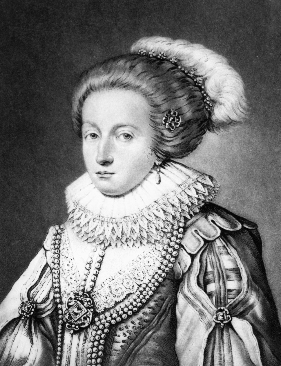 Elizabeth Stuart, Böömin kuningatar (1596-1662) kuvitus teoksesta "Ison-Britannian historian maineikkaiden hahmojen muotokuvat", kaiverrettu Richard Earlom (1743-1822) ja Charles Turner (n. 1773-1857) (mezz) tekijältä English School