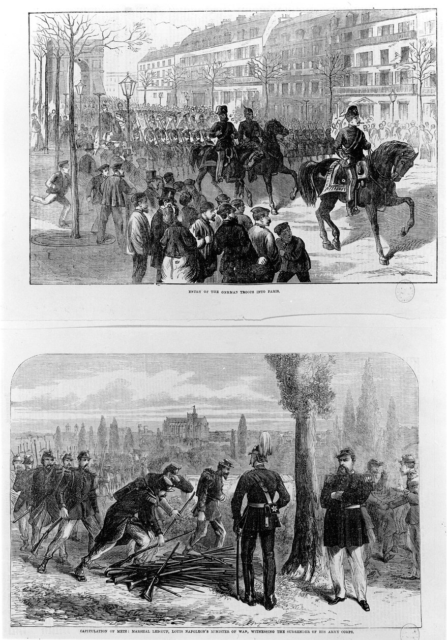 Saksan joukkojen saapuminen Pariisiin, 2. maaliskuuta 1871; Metzin antautuminen 27. lokakuuta 1870, marsalkka Leboeuf, Louis Napoleonin sotaministeri, todistamassa armeijajoukkonsa antautumista (kaiverrus tekijältä English School