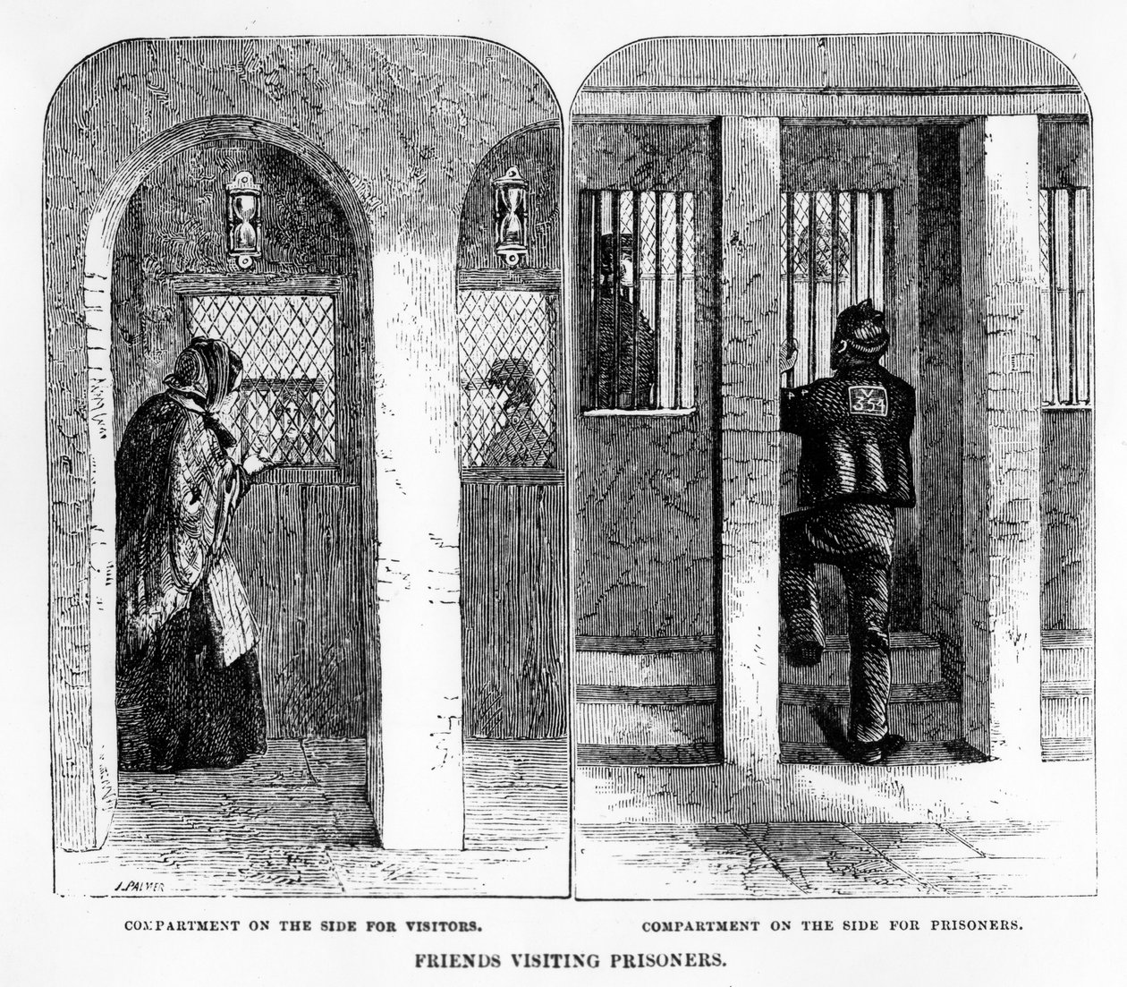 Ystävät vierailemassa vankien luona House of Correctionissa, Coldbath Fieldsissä, J. Palmerin painatus, kuvitus Henry Mayhew