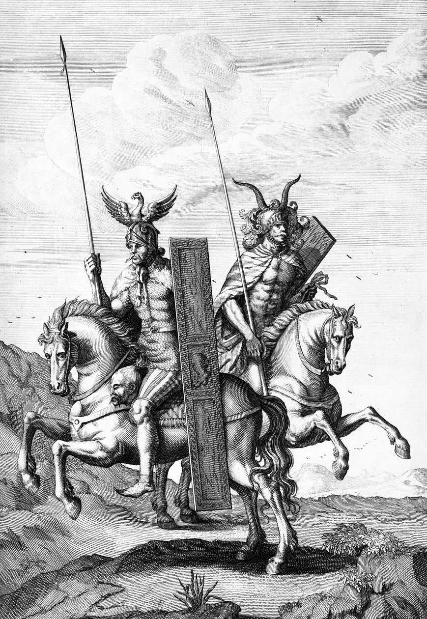 Saksalaiset sotilaat kypäreineen, kilvet ja keihät, kaiverrus Cornelis Huyberts, kuvitus "Caesar