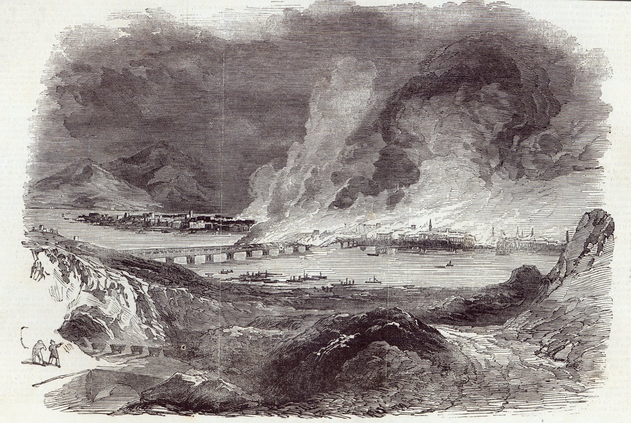 Suuri tulipalo Pittsburghissa, The Illustrated London News, 17. toukokuuta 1845 (kaiverrus) tekijältä English School